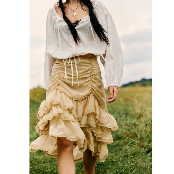 NEW Free People Calliope Ruffle Midi Skirt XS Tan Victorian Romantic Cottagecore - Picture 2 of 8